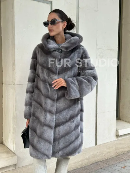 Норковая шуба с капюшоном - цвет PLATINUM (СЕРЫЙ) - фото 1