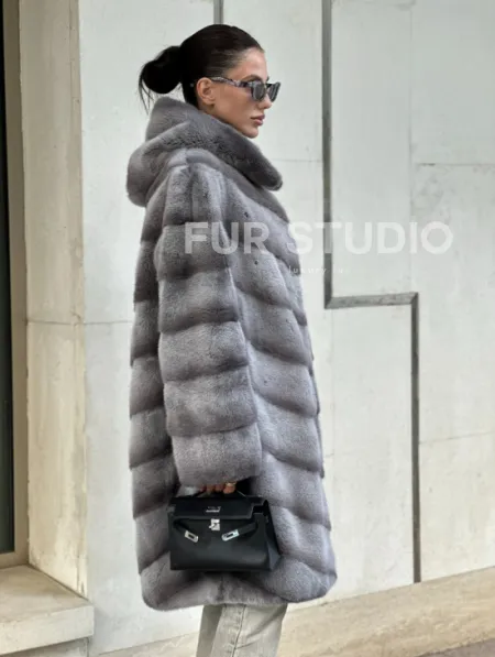 Норковая шуба с капюшоном - цвет PLATINUM (СЕРЫЙ) - фото 3