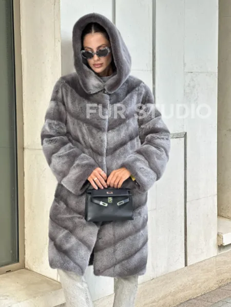 Норковая шуба с капюшоном - цвет PLATINUM (СЕРЫЙ) - фото 5