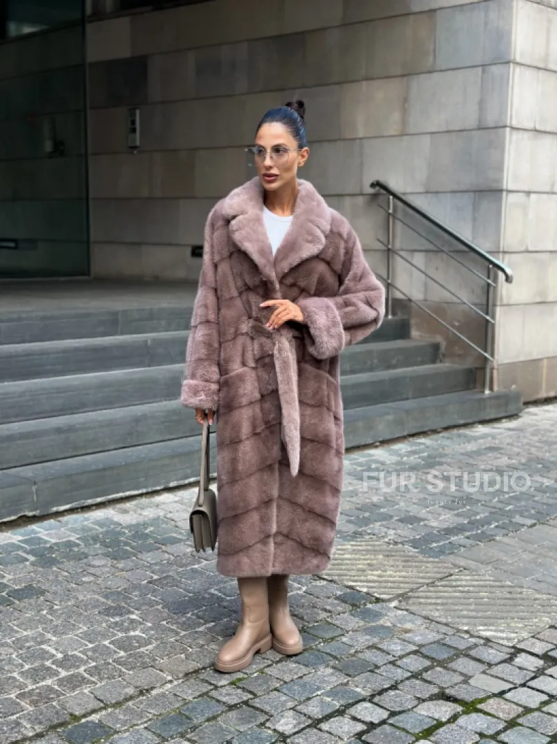 Шуба из меха норки с английским воротником - цвет пыльная роза - фото 8