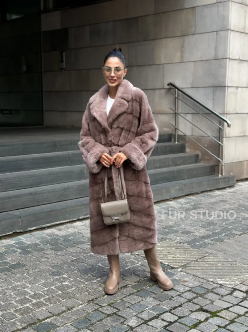 Шуба из меха норки с английским воротником - цвет пыльная роза - фото 9
