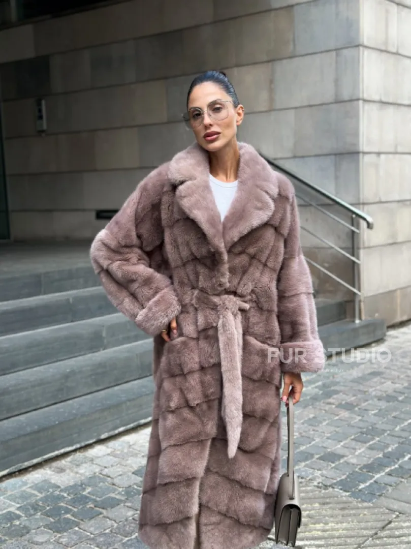 Шуба из меха норки с английским воротником - цвет пыльная роза - фото 7