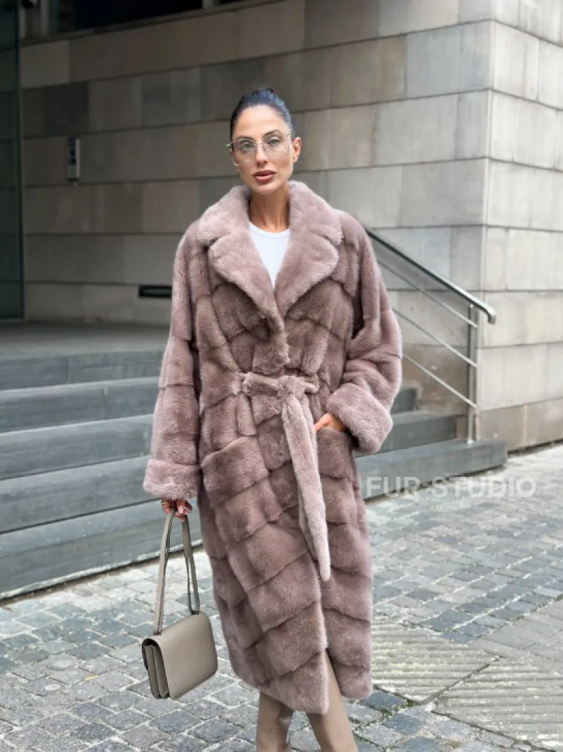 Шуба из меха норки с английским воротником - цвет пыльная роза - фото 0