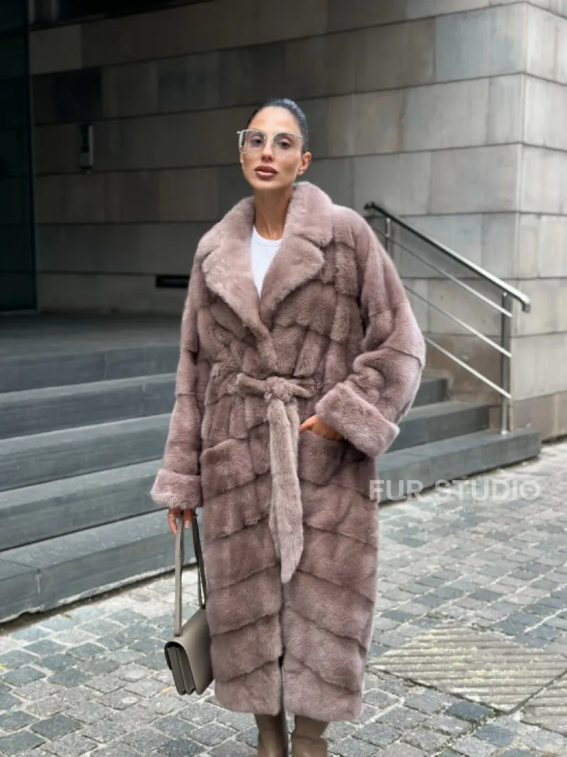 Шуба из меха норки с английским воротником - цвет пыльная роза - фото 4