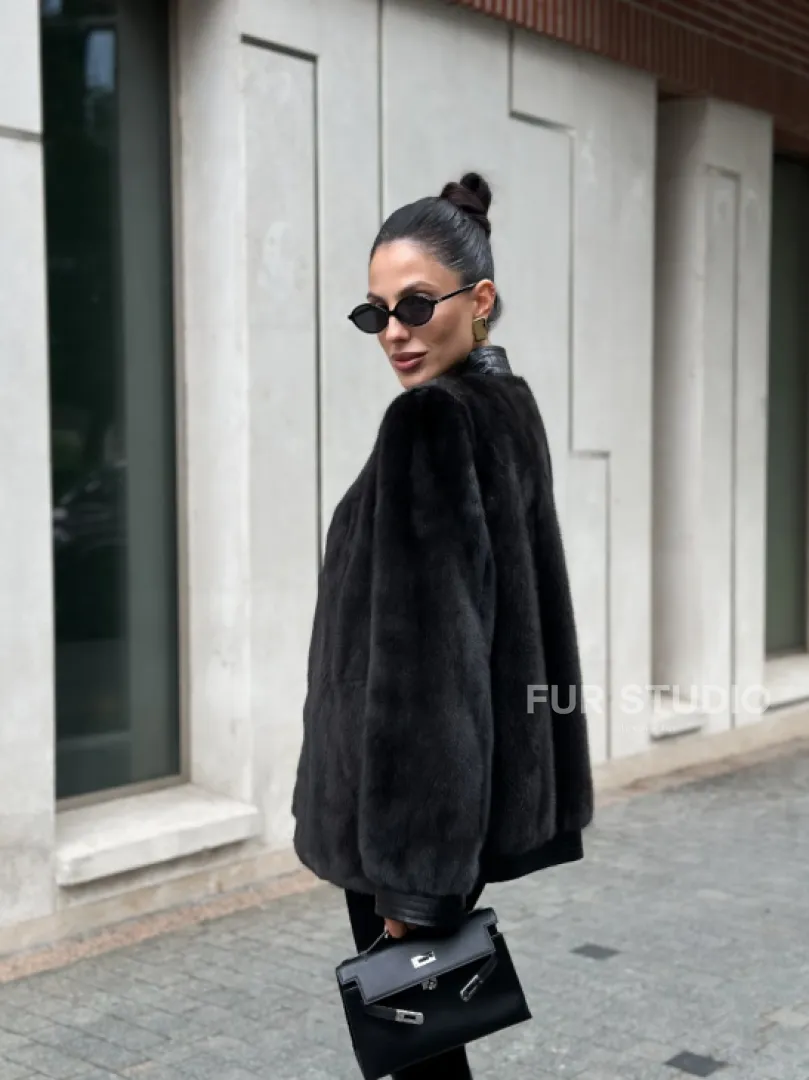 Жакет - шуба из меха норки с отделкой из кожи - графит - фото 7