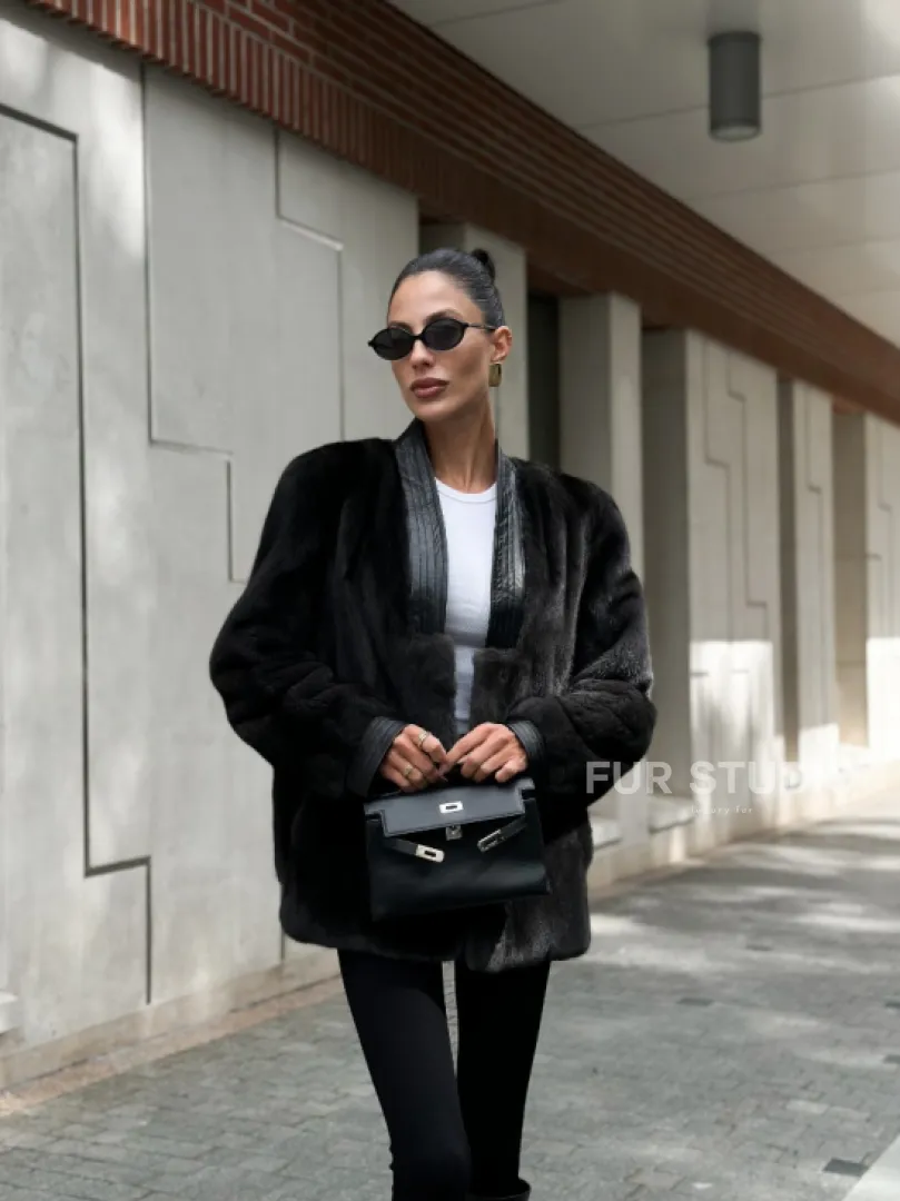 Жакет - шуба из меха норки с отделкой из кожи - графит - фото 8