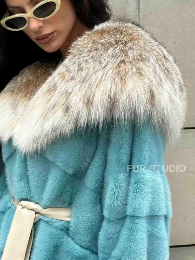 Шуба норковая с капюшоном из меха рыси - цвет Тиффани - фото 4