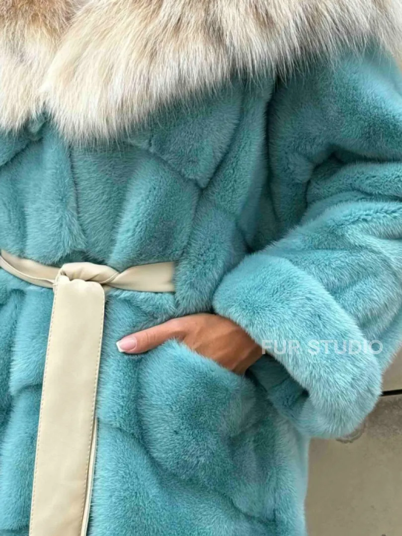 Шуба норковая с капюшоном из меха рыси - цвет Тиффани - фото 1