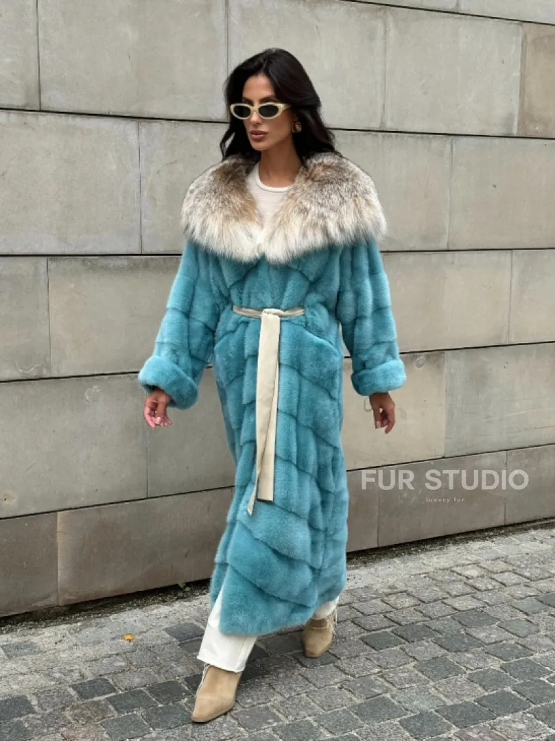 Шуба норковая с капюшоном из меха рыси - цвет Тиффани - фото 13