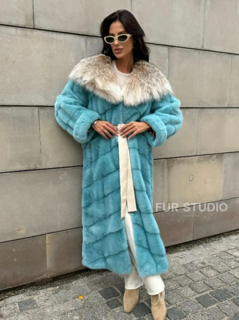 Шуба норковая с капюшоном из меха рыси - цвет Тиффани - фото 12