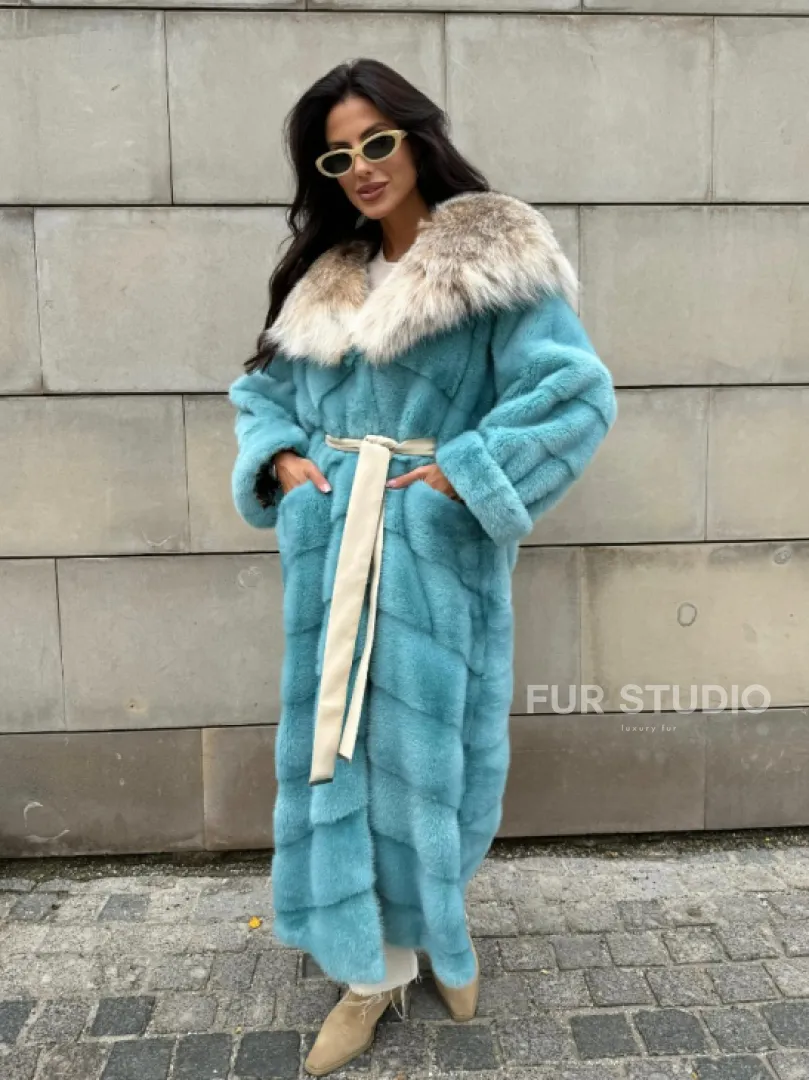 Шуба норковая с капюшоном из меха рыси - цвет Тиффани - фото 0