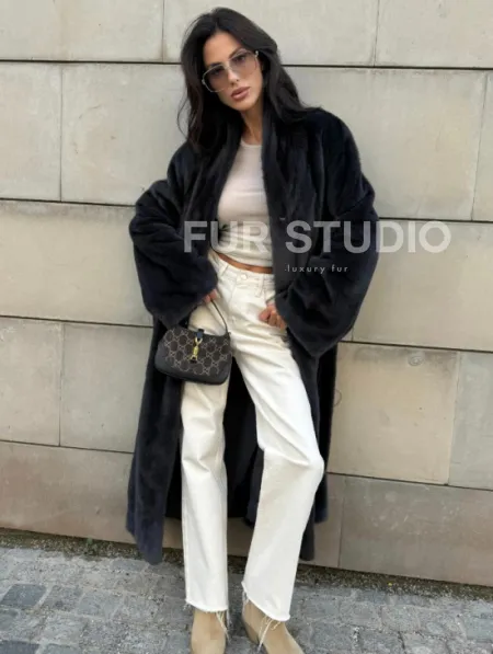 Шуба норковая цельный мех PREMIUM COLLECTION VELVET - цвет графит - фото 10