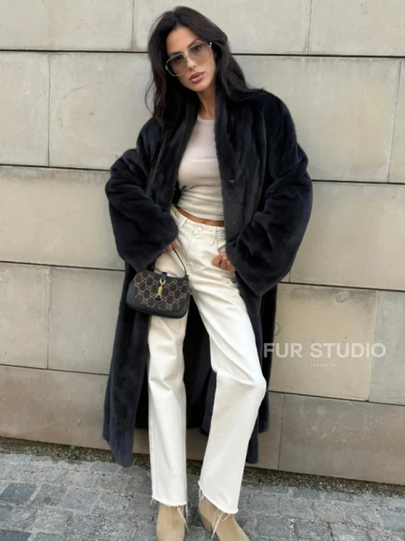 Шуба норковая цельный мех PREMIUM COLLECTION VELVET - цвет графит