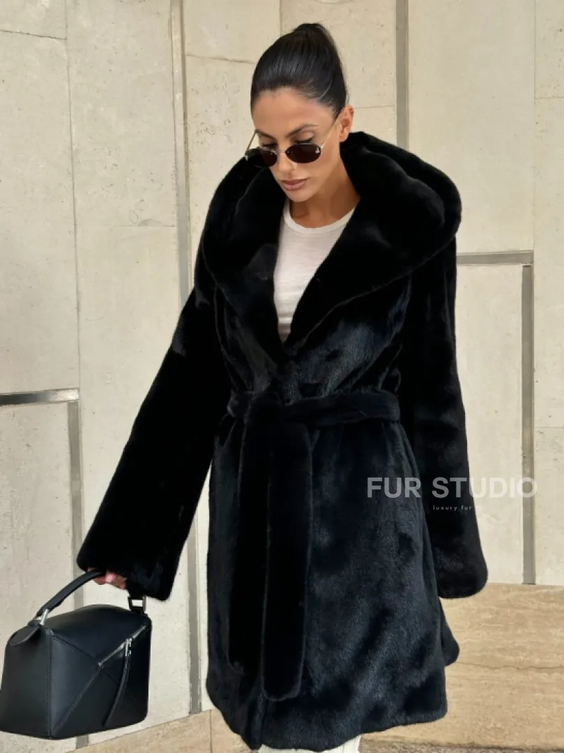 Черная шуба с капюшоном из меха норки BlackGlama - роспуск - фото 2