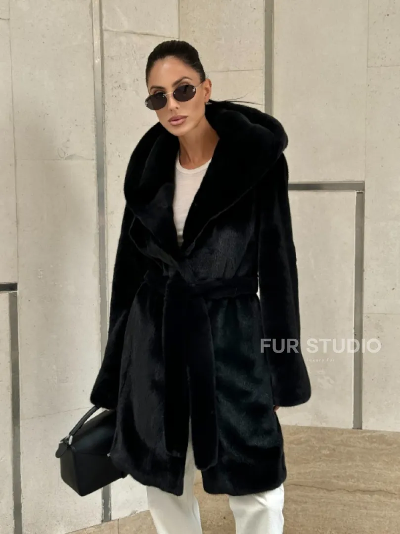 Черная шуба с капюшоном из меха норки BlackGlama - роспуск - фото 5