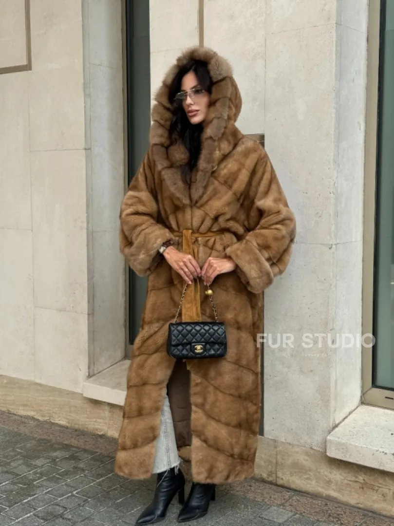 Норковая шуба с капюшоном из меха куницы - цвет карамель - фото 12