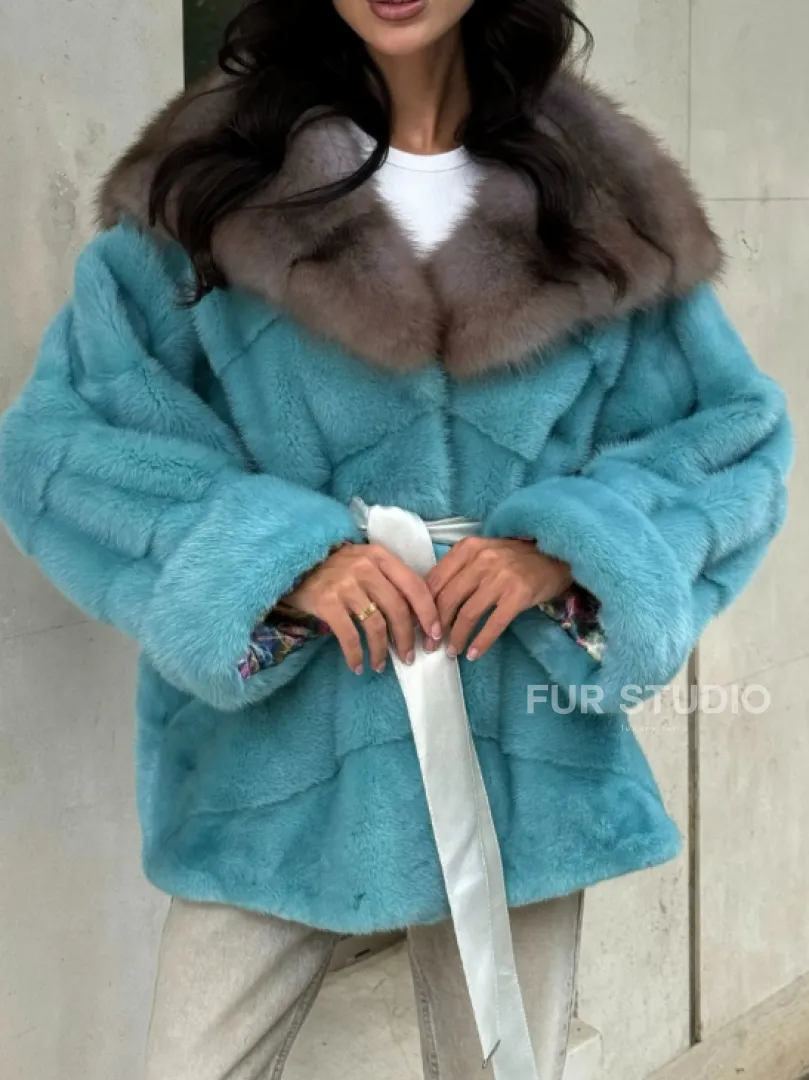 Шуба Autolady из норки с капюшоном из меха куницы - цвет тиффани - фото 2
