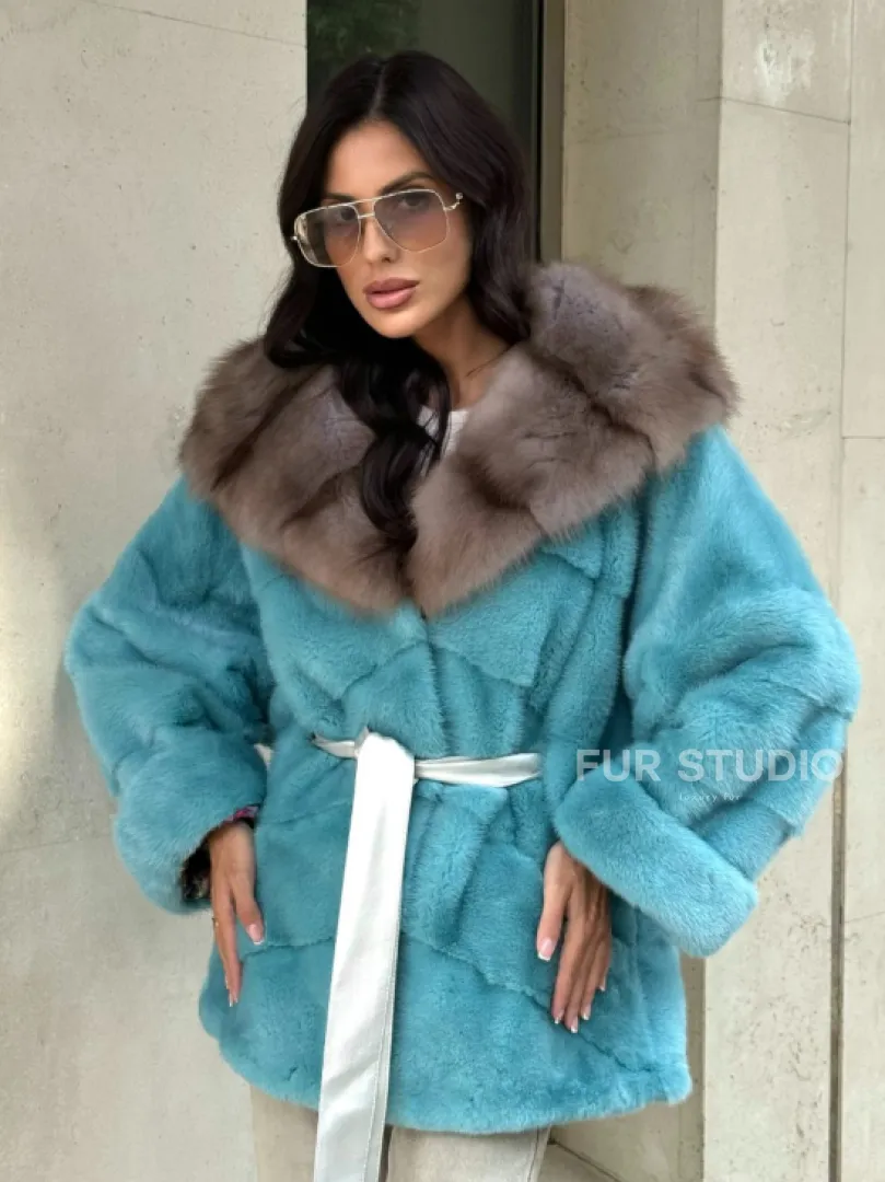 Шуба Autolady из норки с капюшоном из меха куницы - цвет тиффани - фото 9