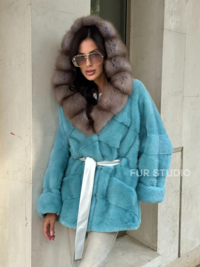Шуба Autolady из норки с капюшоном из меха куницы - цвет тиффани - фото 12