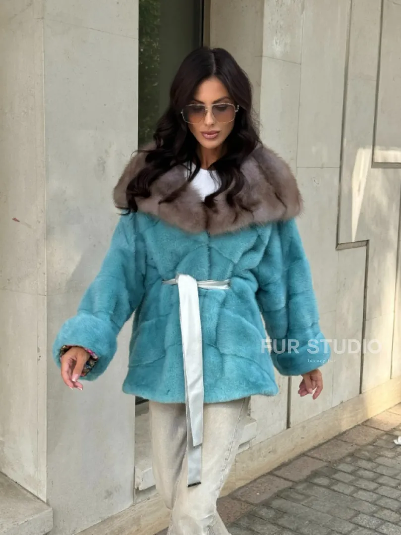 Шуба Autolady из норки с капюшоном из меха куницы - цвет тиффани - фото 13