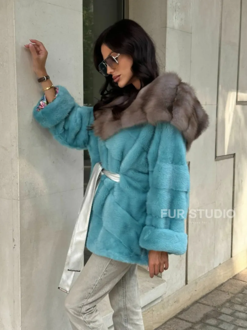 Шуба Autolady из норки с капюшоном из меха куницы - цвет тиффани - фото 10