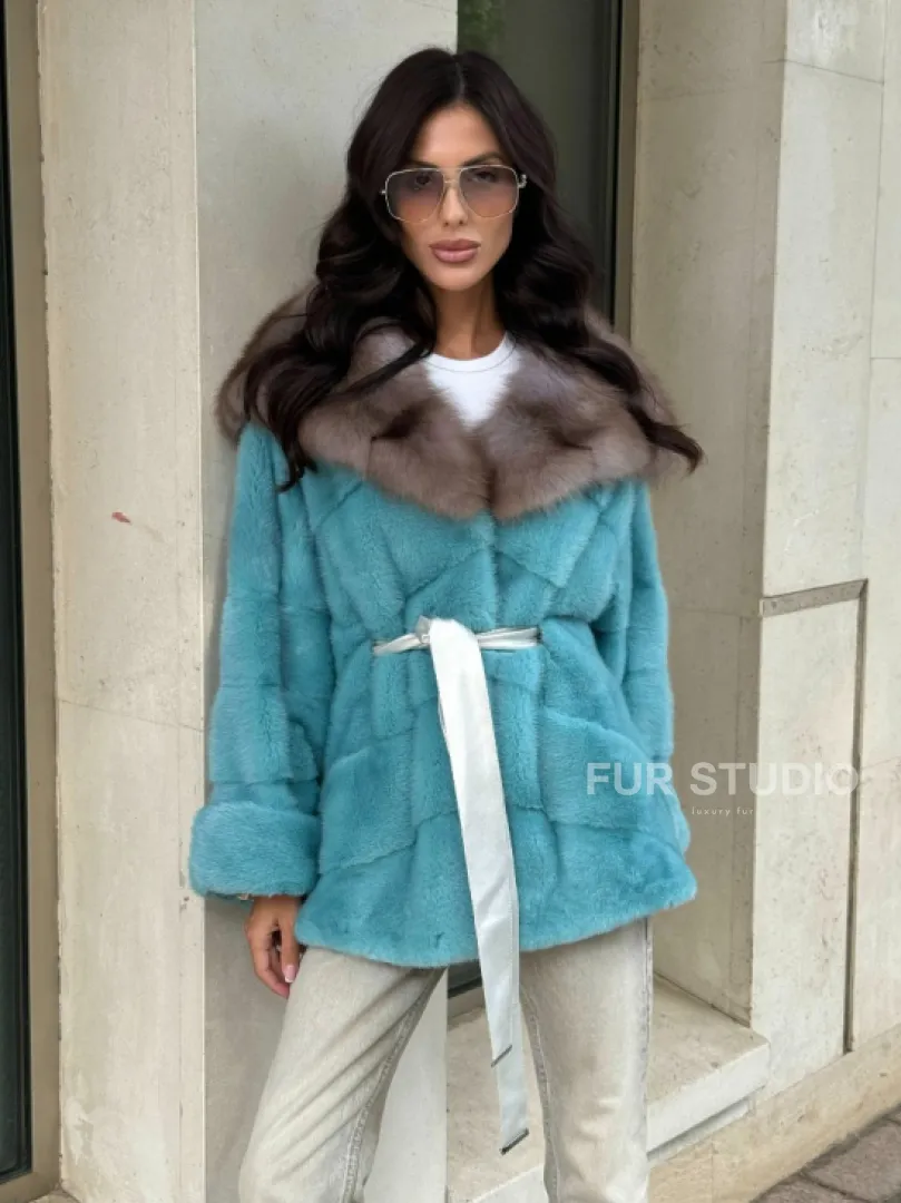 Шуба Autolady из норки с капюшоном из меха куницы - цвет тиффани - фото 11