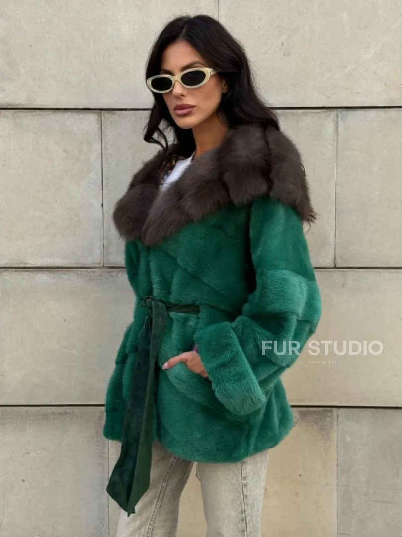 Шуба кимоно из норки с капюшоном из меха куницы - цвет малахит (зеленый) - фото 0