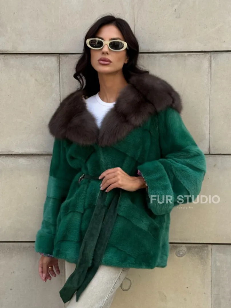 Шуба кимоно из норки с капюшоном из меха куницы - цвет малахит (зеленый) - фото 12
