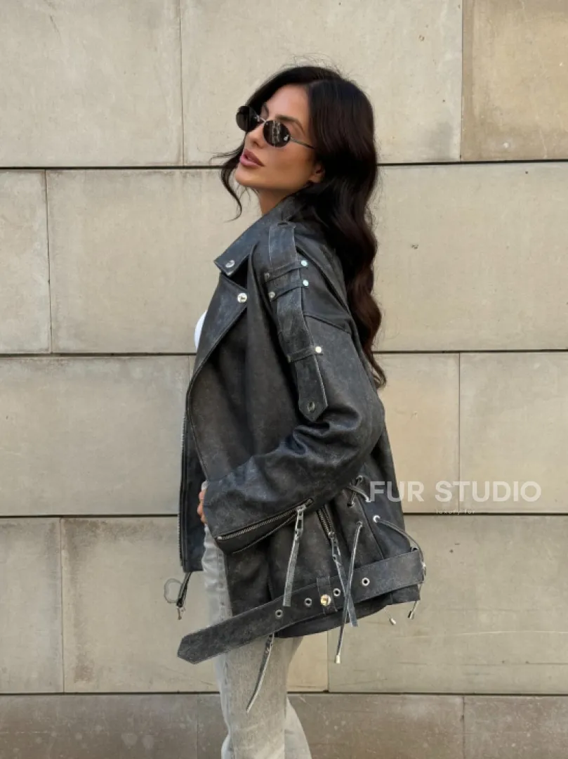 Куртка-косуха винтажная из натуральной кожи со шнуровкой - фото 12