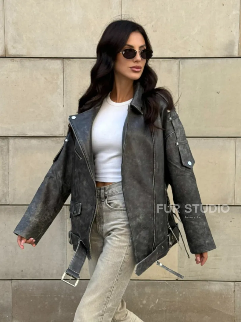 Куртка-косуха винтажная из натуральной кожи со шнуровкой - фото 0