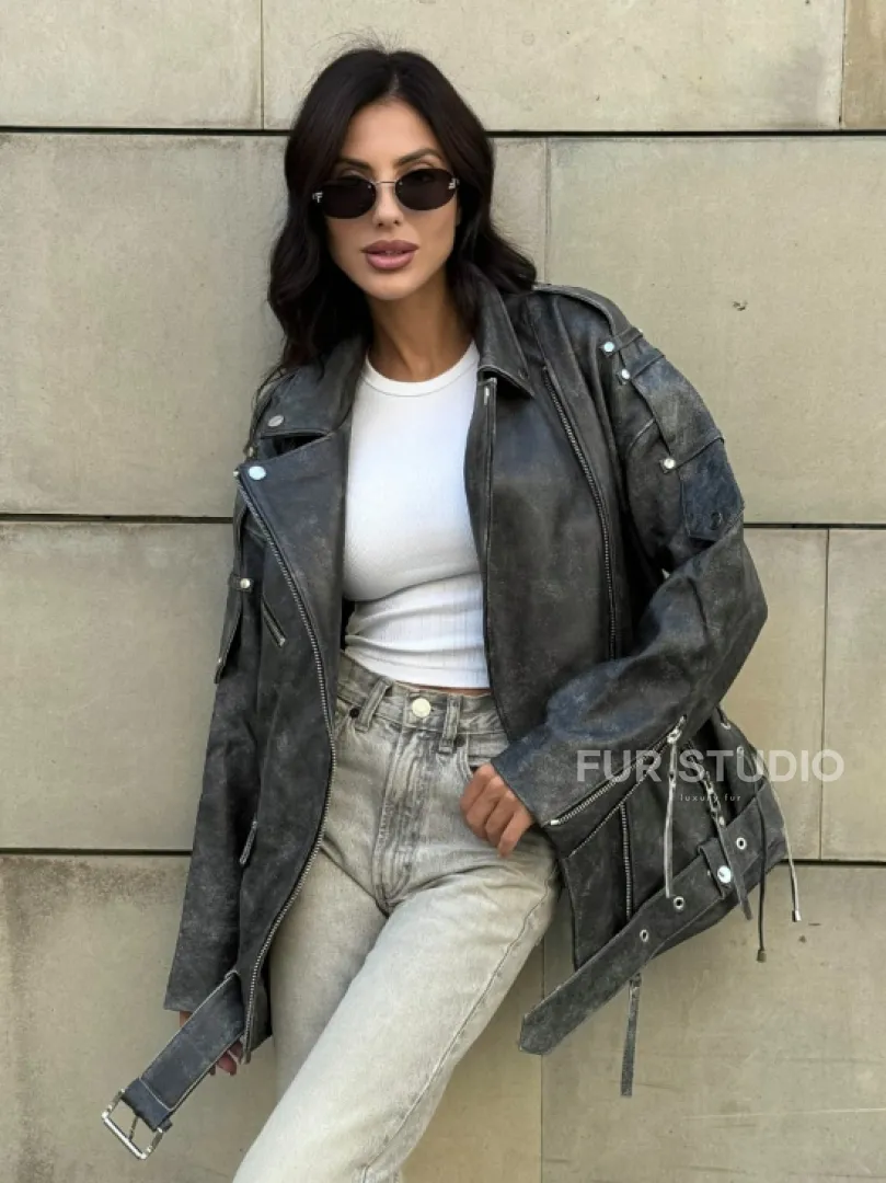 Куртка-косуха винтажная из натуральной кожи со шнуровкой - фото 9