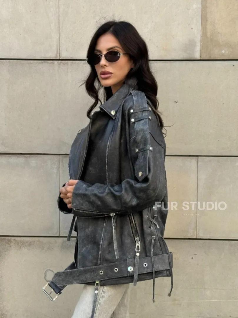 Куртка-косуха винтажная из натуральной кожи со шнуровкой - фото 10