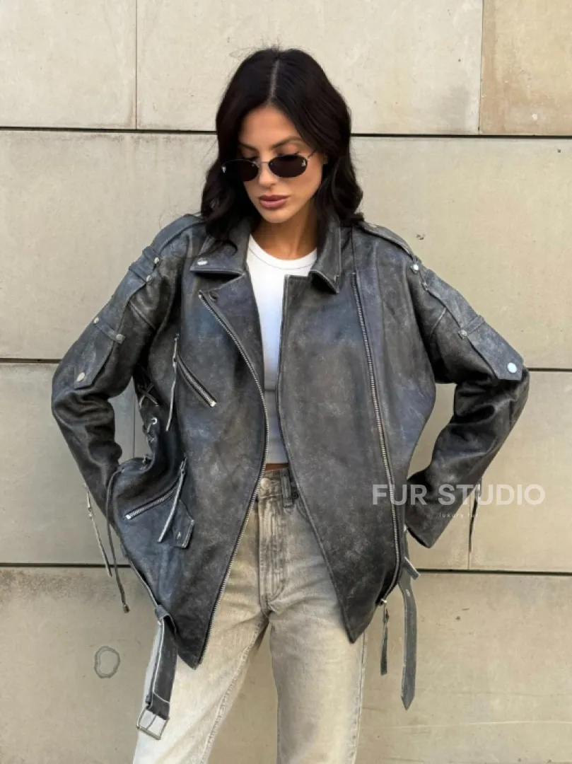 Куртка-косуха винтажная из натуральной кожи со шнуровкой - фото 11