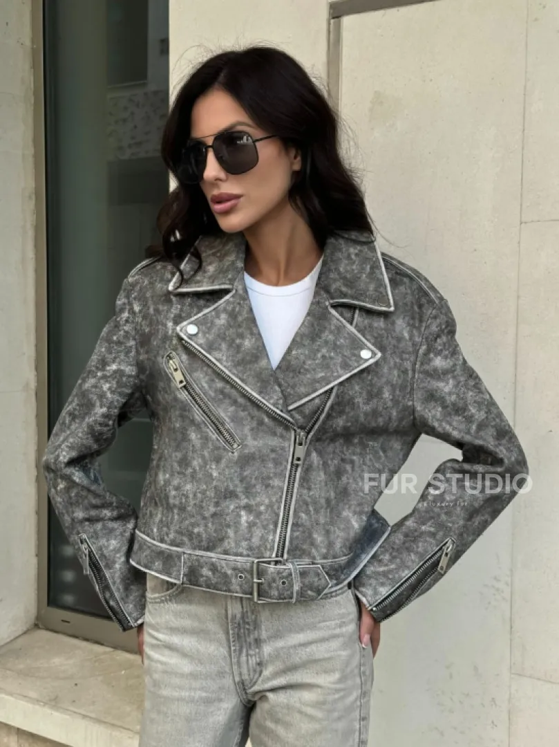 Кожаная укороченная косуха из натуральной кожи 