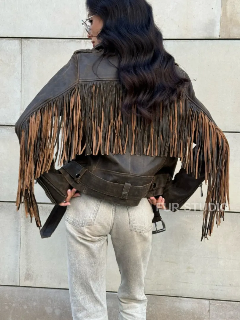 Куртка из натуральной кожи с бахромой «Vintage» - коричневая - фото 6