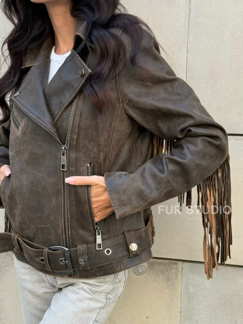 Куртка из натуральной кожи с бахромой «Vintage» - коричневая - фото 1