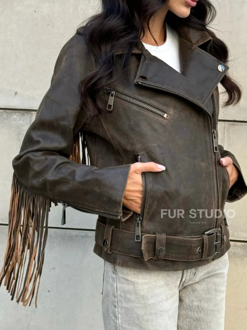 Куртка из натуральной кожи с бахромой «Vintage» - коричневая - фото 5