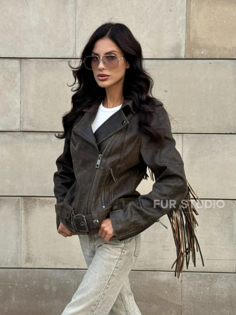 Куртка из натуральной кожи с бахромой «Vintage» - коричневая - фото 12