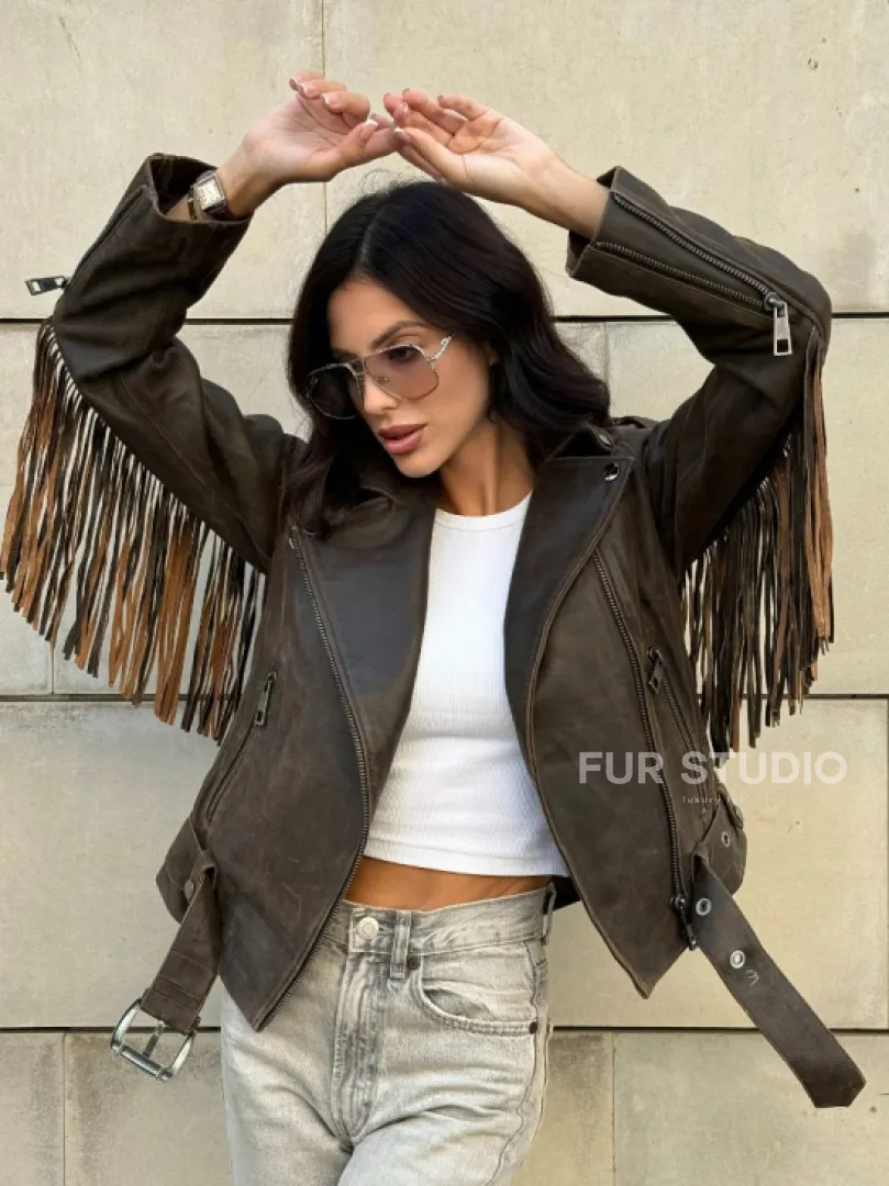 Куртка из натуральной кожи с бахромой «Vintage» - коричневая - фото 14