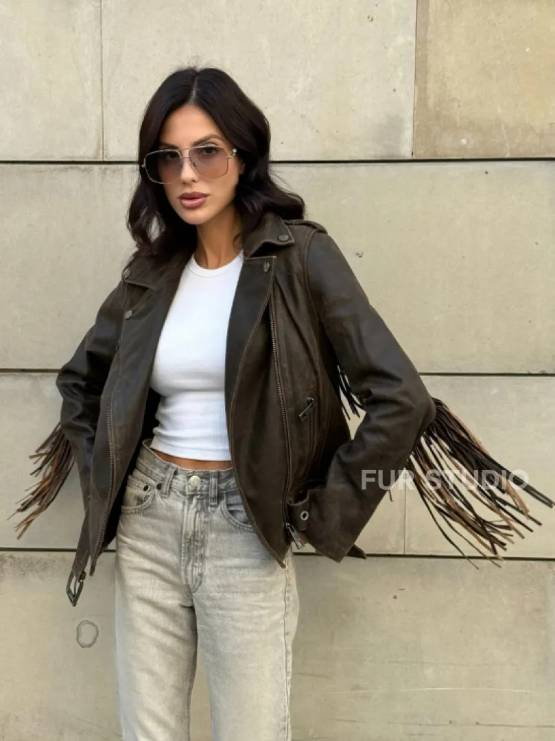 Куртка из натуральной кожи с бахромой «Vintage» - коричневая - фото 13