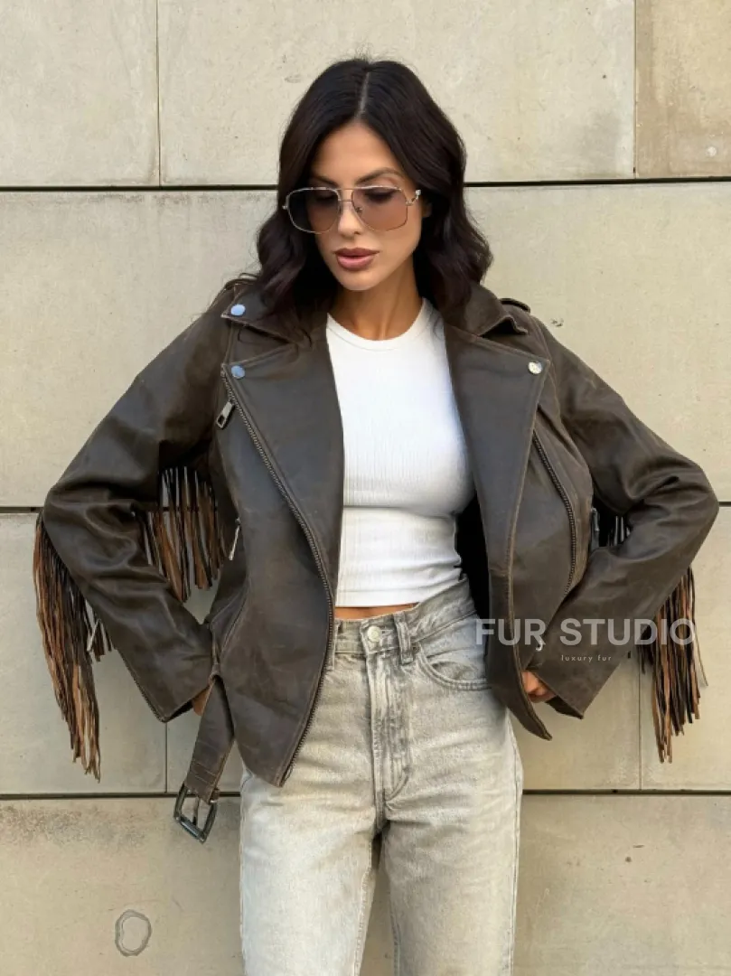 Куртка из натуральной кожи с бахромой «Vintage» - коричневая - фото 8