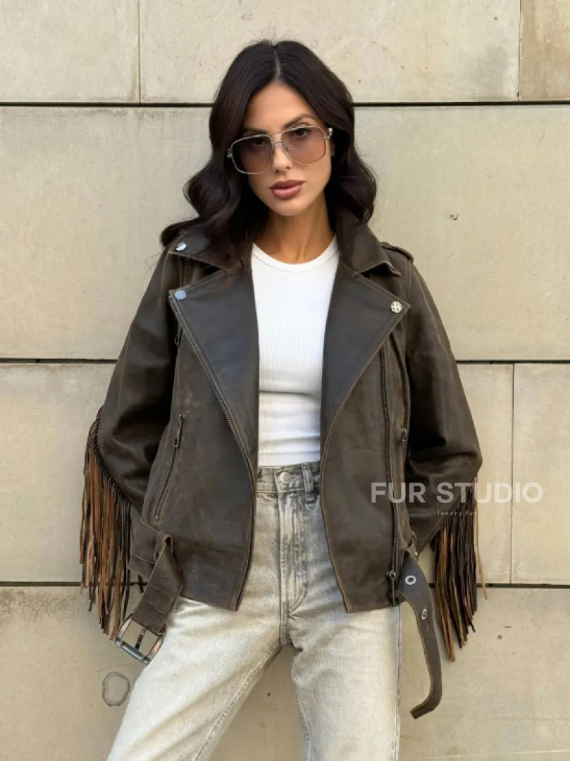 Куртка из натуральной кожи с бахромой «Vintage» - коричневая - фото 10