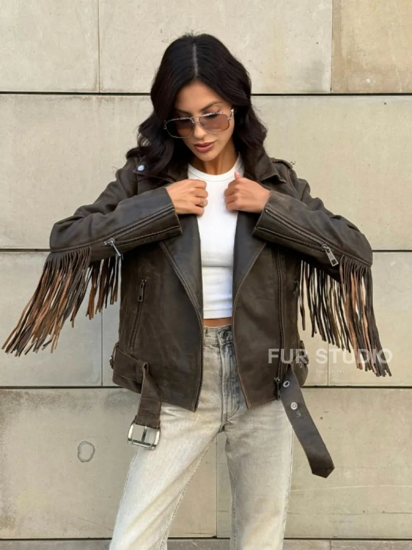 Куртка из натуральной кожи с бахромой «Vintage» - коричневая - фото 11