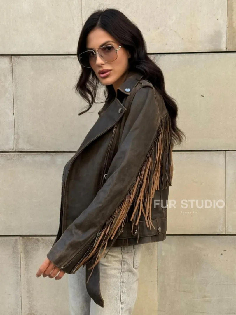 Куртка из натуральной кожи с бахромой «Vintage» - коричневая - фото 7