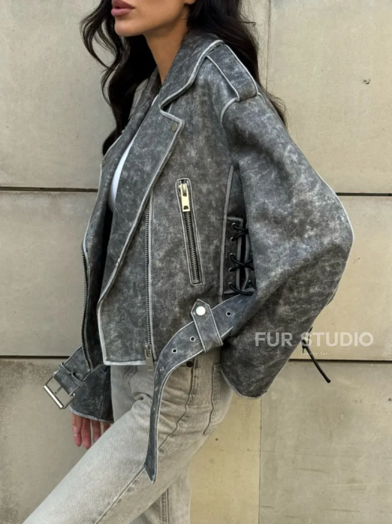 Косуха из натуральной кожи Vintage со шнуровкой - цвет серый - фото 9