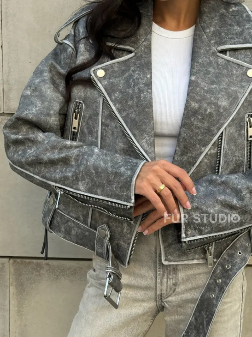 Косуха из натуральной кожи Vintage со шнуровкой - цвет серый - фото 3