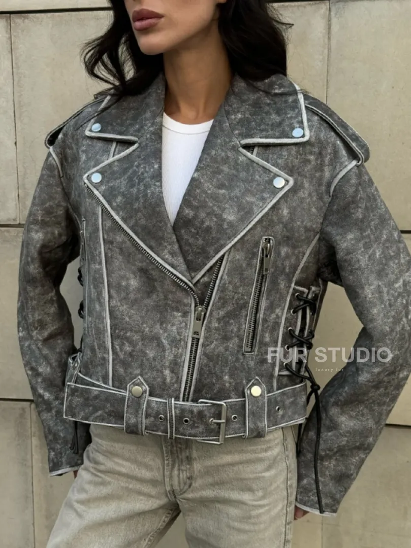 Косуха из натуральной кожи Vintage со шнуровкой - цвет серый - фото 4