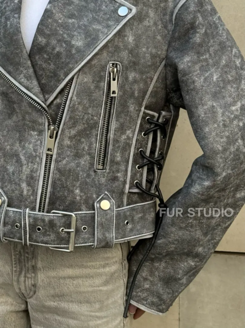 Косуха из натуральной кожи Vintage со шнуровкой - цвет серый - фото 2