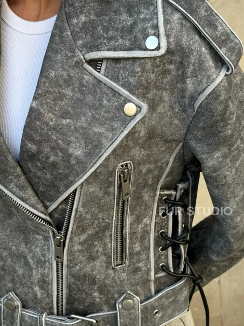 Косуха из натуральной кожи Vintage со шнуровкой - цвет серый