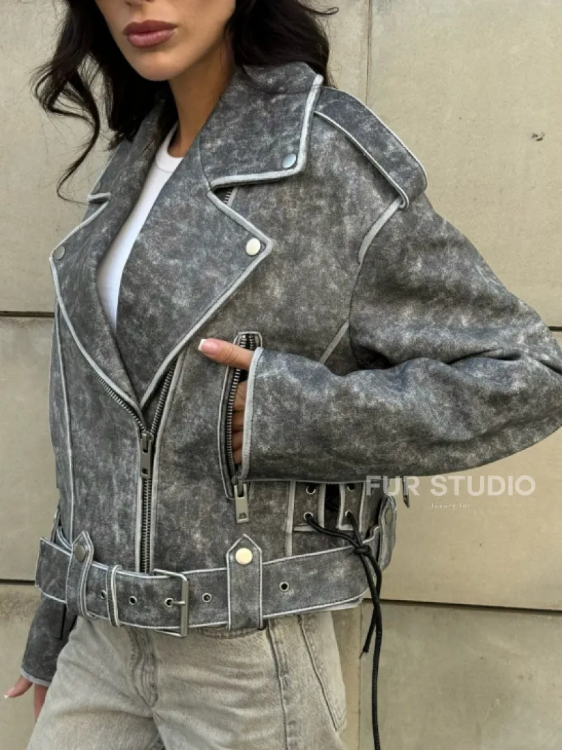 Косуха из натуральной кожи Vintage со шнуровкой - цвет серый - фото 6